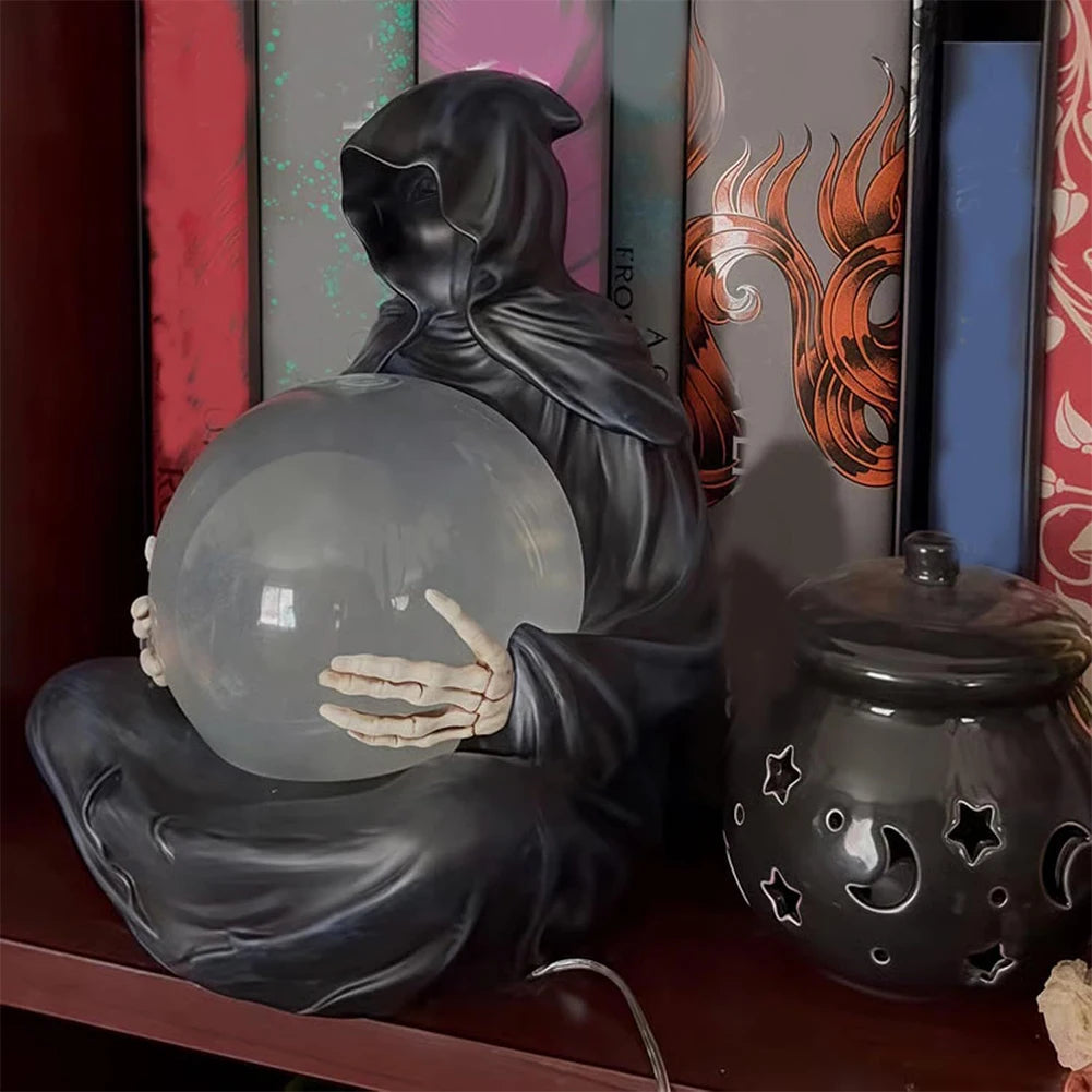 Grim Reaper Crystal Ball Light | 5.98 In Resin Figure With LED Orb And Floating Bats | USB Powered Gothic Decor