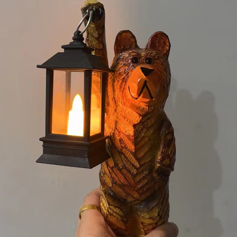 Carved Bear Garden Statue with Solar Lantern | Resin Figure That Flickers Like a Real Candle at Dusk | 20 cm Tall