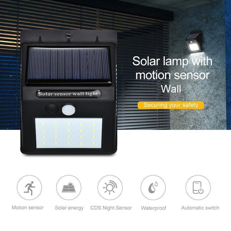 Solar Outdoor Wall Lights with Motion Sensor and 20 LEDs | IP65 Housing, No Wiring Needed | Black