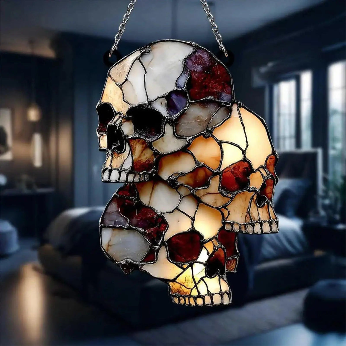 Hanging Halloween Skull Light Catcher | 5.91 In Acrylic Skulls On A Metal Chain | Choose A 3 Or 4 Skull Cluster