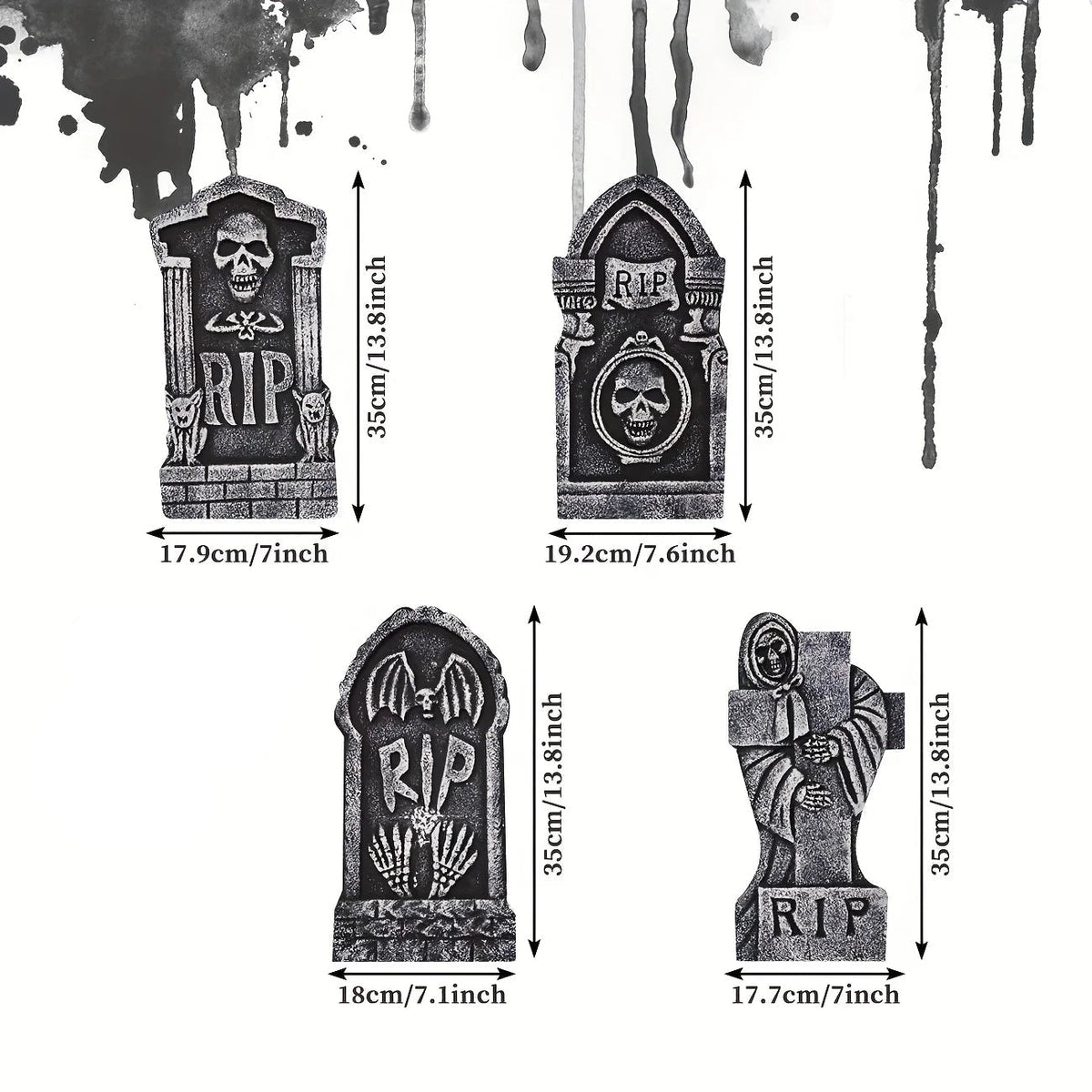 Close view of a Halloween tombstone prop showing its molded design