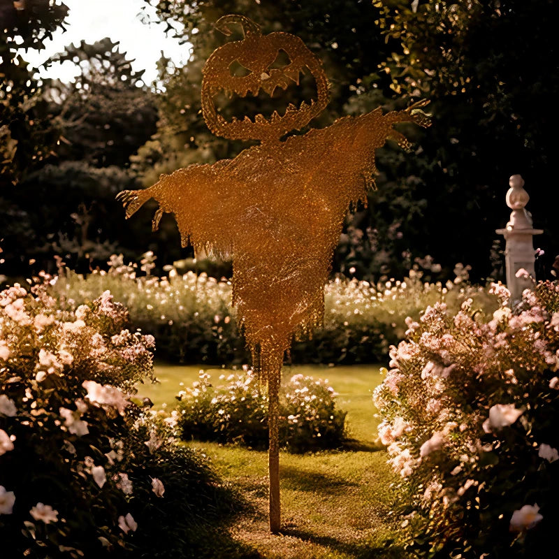 Rustic metal pumpkin scarecrow standing in a garden