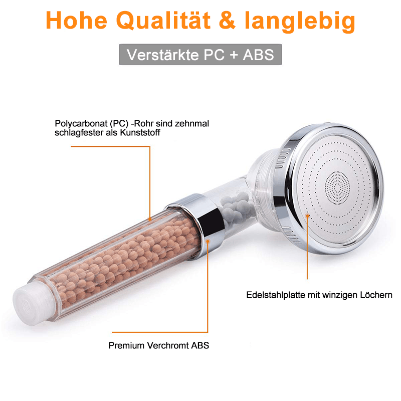 Filtered Shower Head with a Mineral Bead Cartridge | Three Spray Modes on a Turn Ring: Massage, Jet and Rainfall
