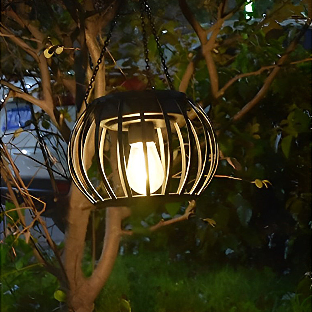 Pair of solar pumpkin lanterns hanging from a tree branch
