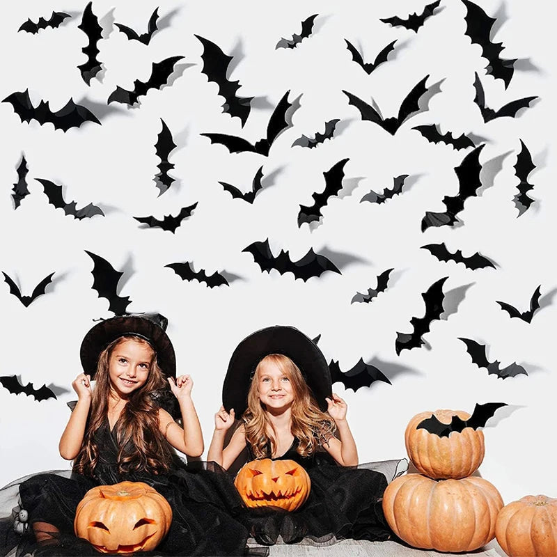 Lifelike 3D black bat wall decor arranged as a flying swarm