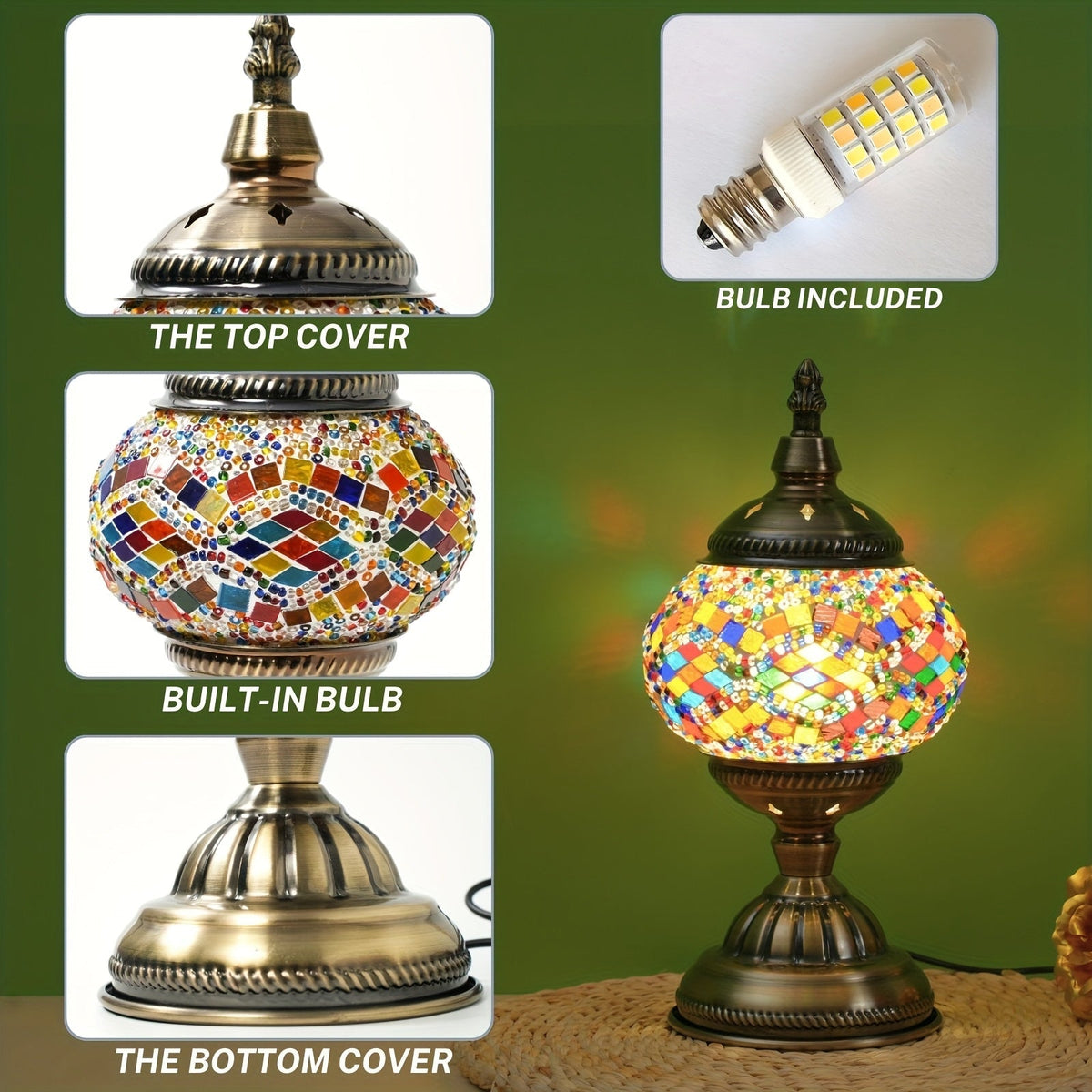 Mosaic pumpkin lamp lit beside Halloween decorations