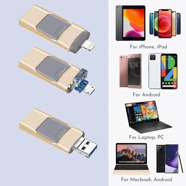 4 in 1 USB Flash Drive with Type C, Micro and Lightning Plugs | 8 to 128 GB Capacity | Gold, Silver, Black or Pink