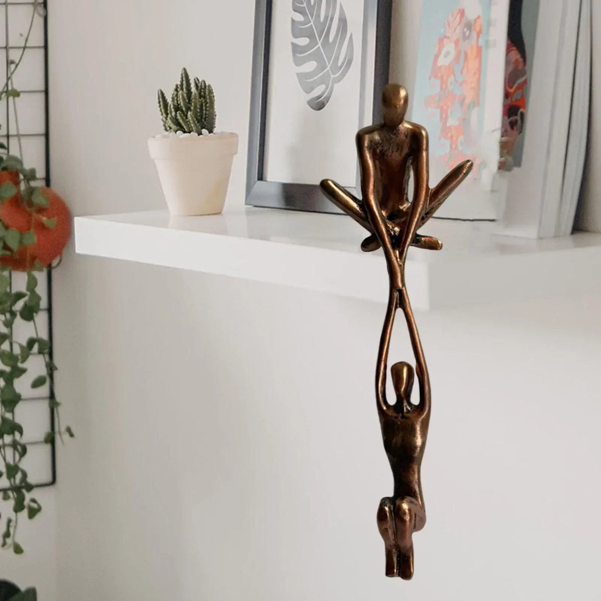 Metal Art Bronze Sculpture of Two Figures | Hanging Shelf Ornament for Living Room or Entryway | Love and Strength