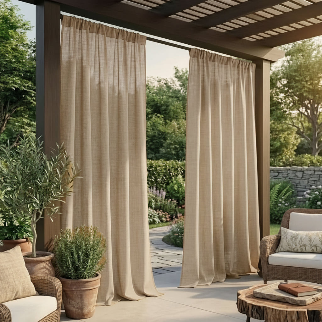 Bohemian Linen-Look Outdoor Curtain Panels 56 x 84-120 In | 4 Colors | Privacy & Shade for Patios, Pergolas & Balconies