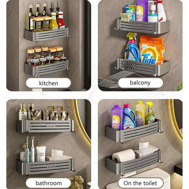 Self-Adhesive Wall-Mount Bathroom Shelf Organizer | White, Gray & Black | No-Drill Rust-Resistant Waterproof Storage