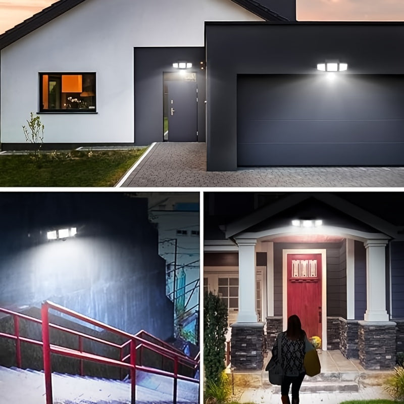 Solar floodlight illuminating a backyard pathway