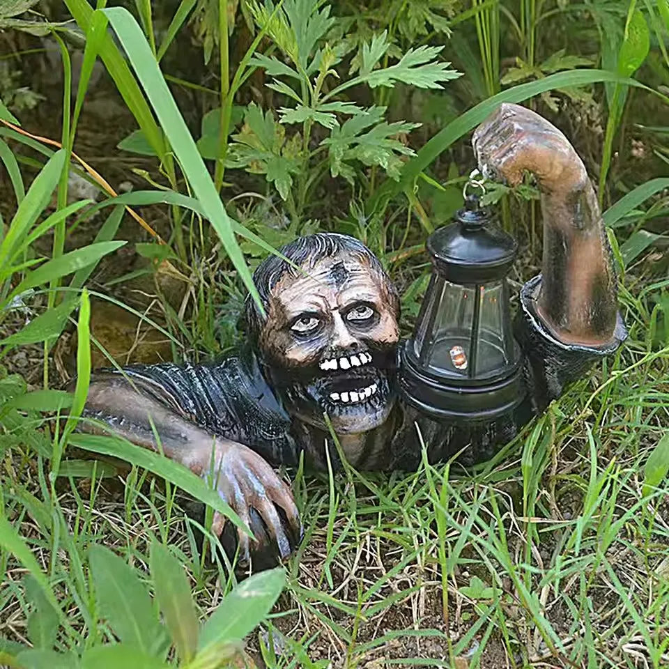 Close view of the zombie decoration cracked skin and hollow eye detailing