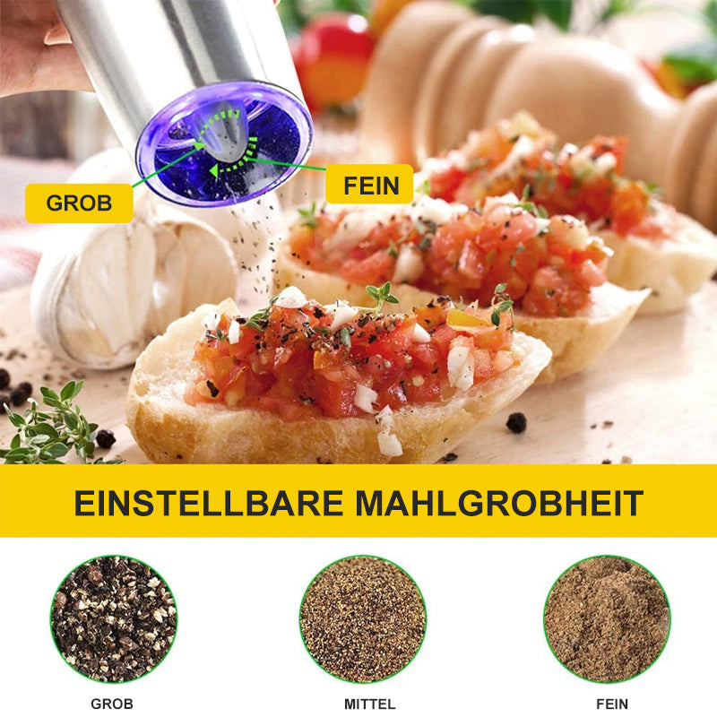 Electric Salt and Pepper Grinder with Gravity Sensor | Ceramic Burrs, Adjustable Coarseness, Blue LED | Black or Silver