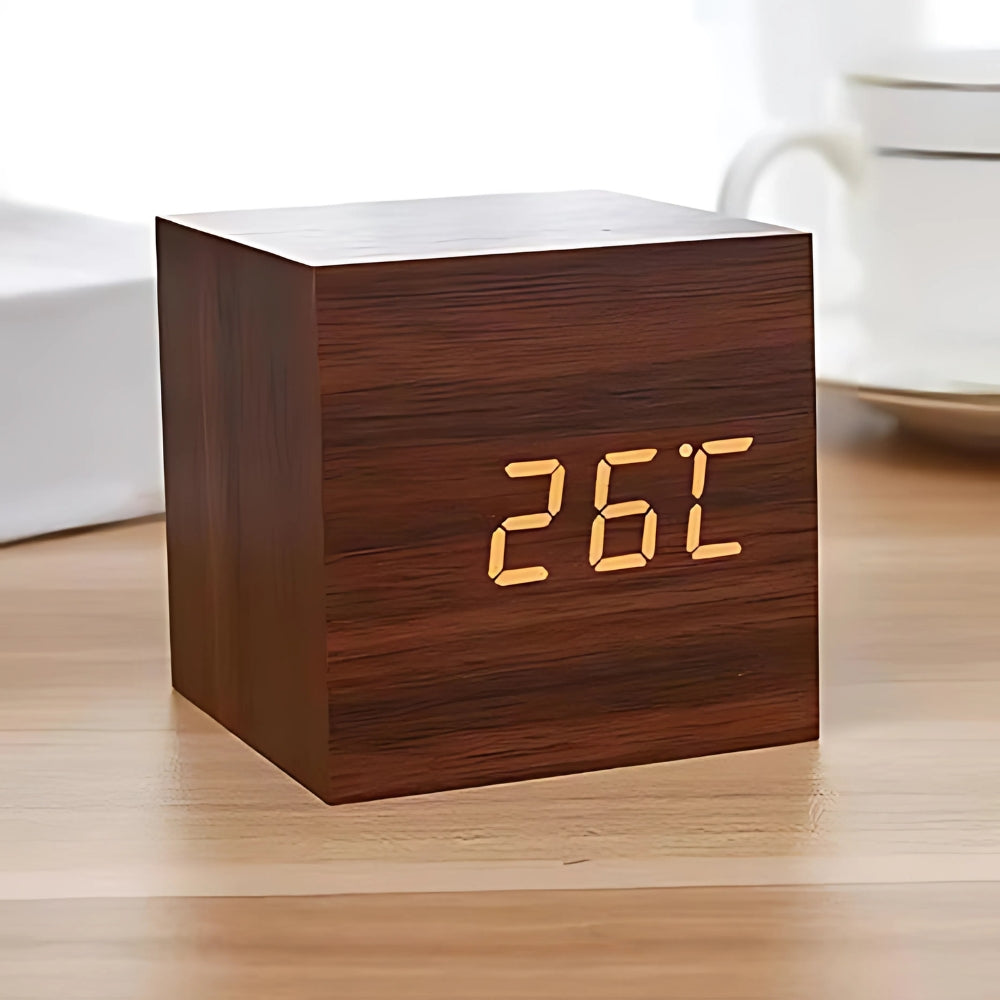 Wood Grain Digital Clock Cube for a Bedside Table | Snooze Button and Temperature Readout in Four Finishes