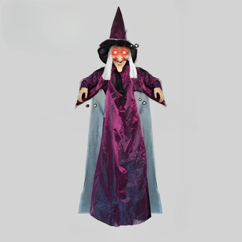 Life-size animated Halloween witch with glowing red eyes