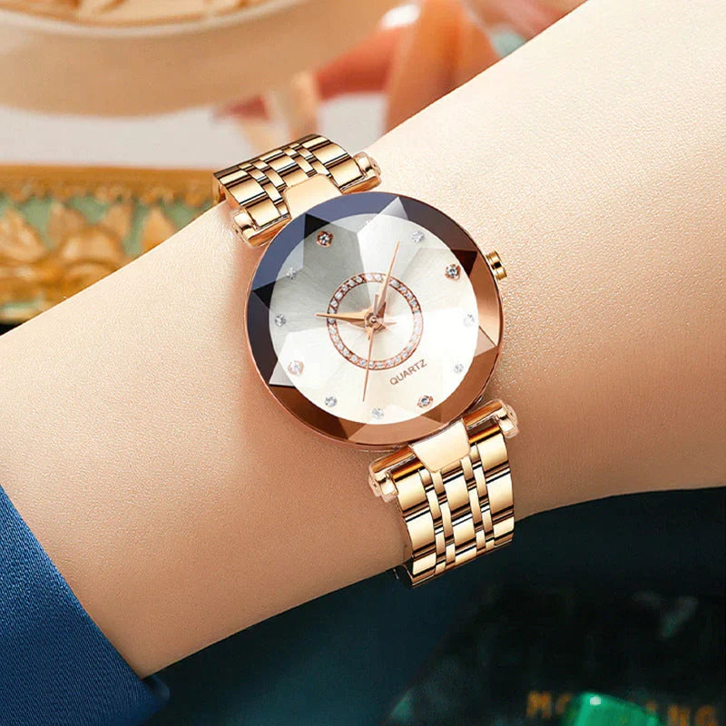 Quartz Wristwatch for Ladies with Starry Simulated Diamond Dial | Stainless Steel Case and Bracelet | 4 Colors