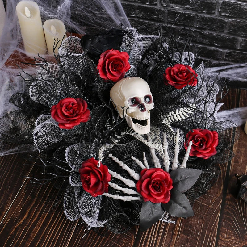 Close view of the skull and red rose detailing on the Halloween garland