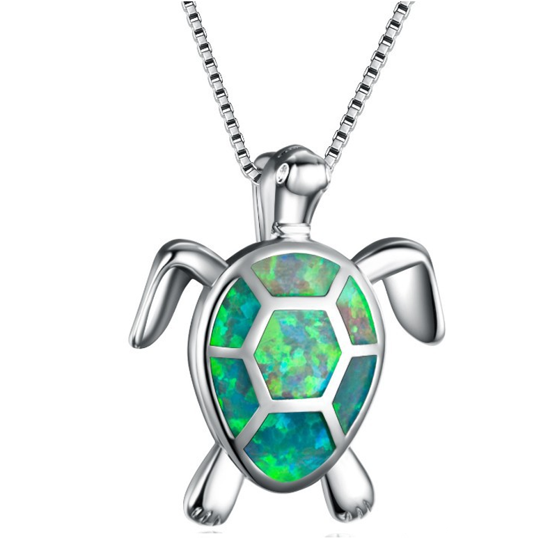 Sea Turtle Pendant Necklace with Opal Inlay | Blue, Green, White or Purple Shell | Ocean Beach Jewelry Gift
