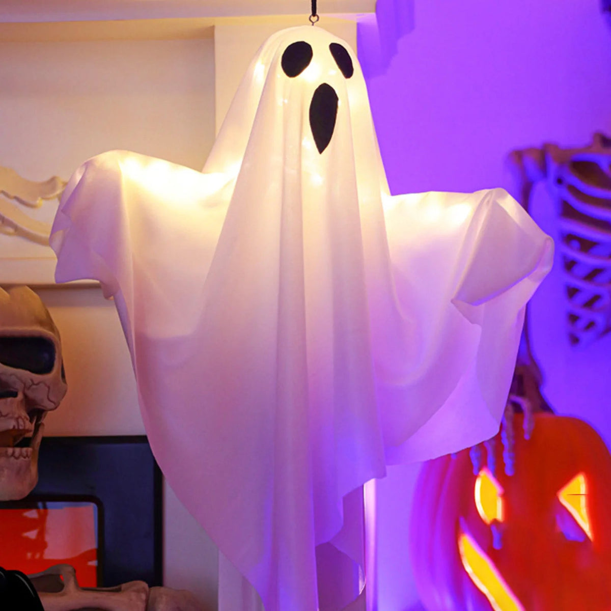 Hanging Halloween Ghost Decoration | 19.7 x 15.7 In PVC With 3 LED Light Modes | Battery Powered for Porch or Yard
