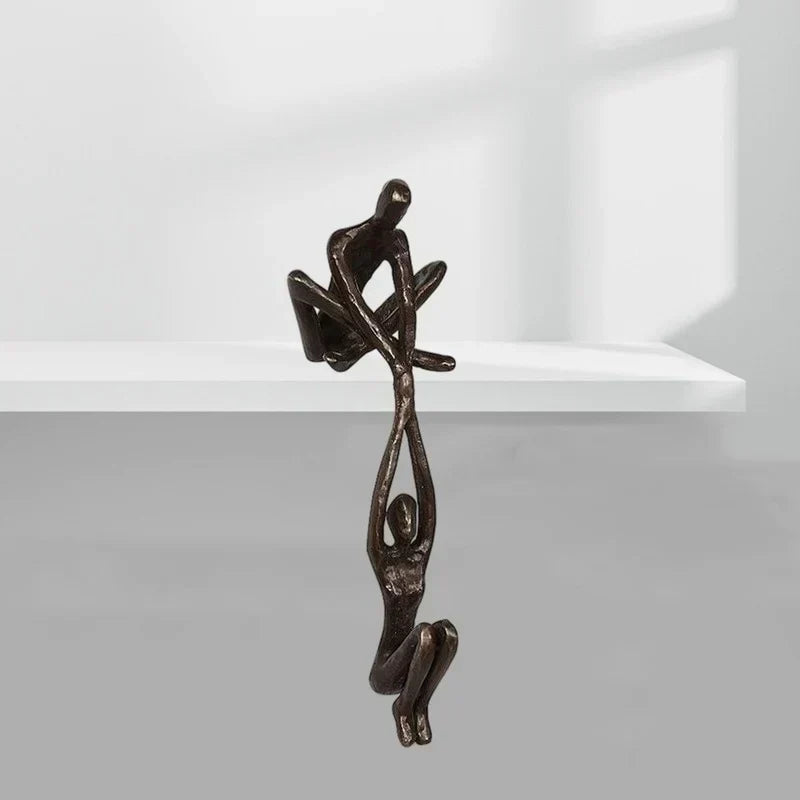 Metal Art Bronze Sculpture of Two Figures | Hanging Shelf Ornament for Living Room or Entryway | Love and Strength