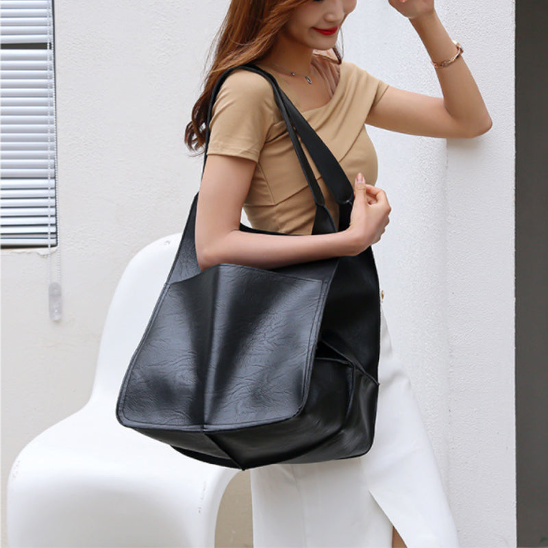 Oversized Faux Leather Tote Bag for Women | Soft Slouchy Shoulder Carry for Work or Travel | 6 Colors, Black to Khaki