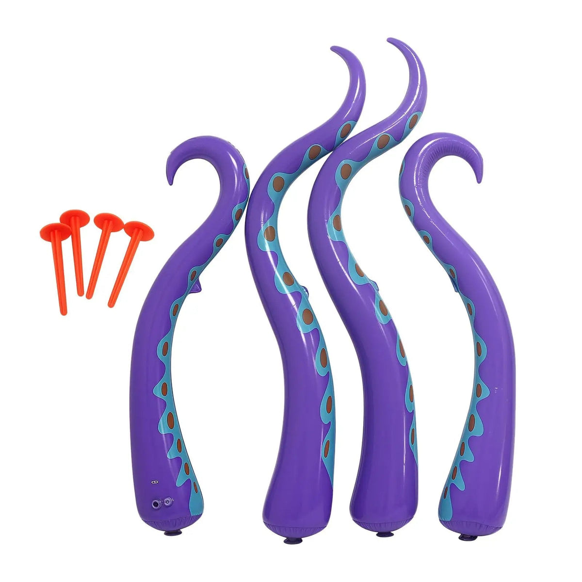 Inflatable octopus tentacle prop staked in a front yard for Halloween