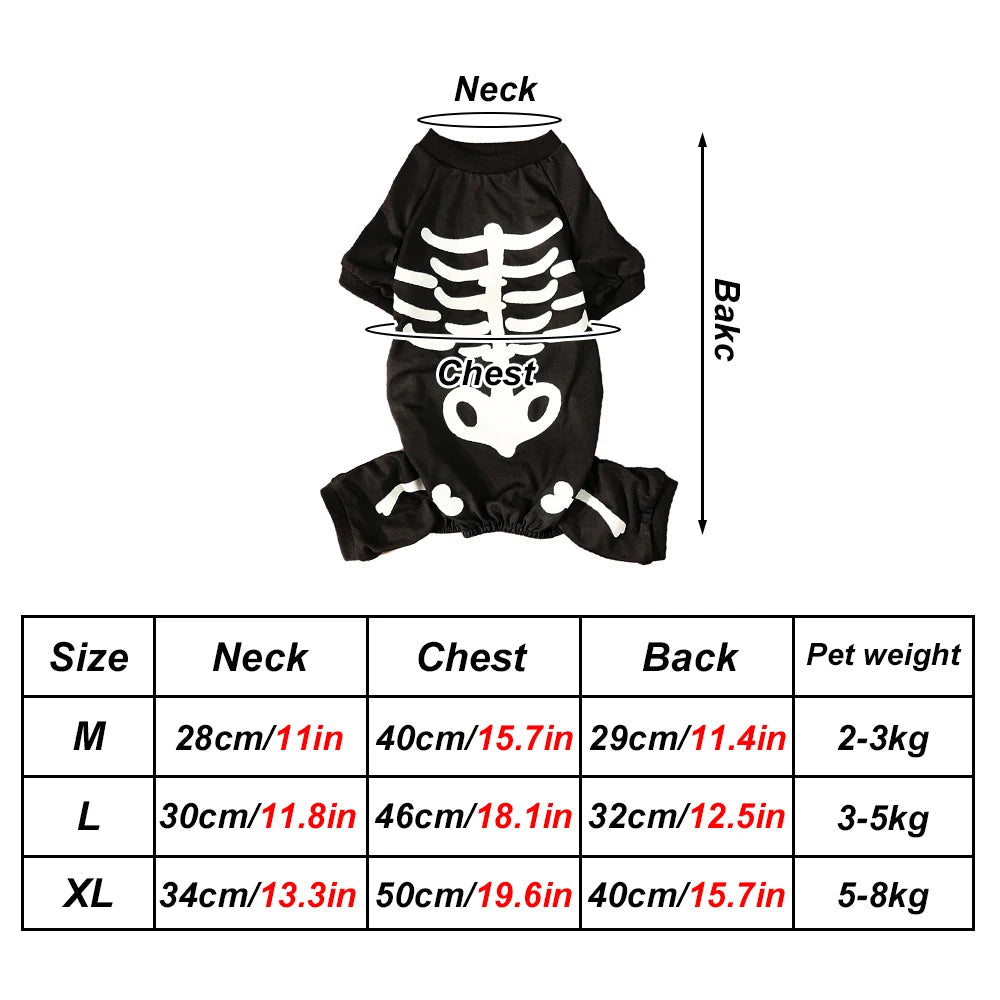 Skeleton Dog Halloween Costume | Glow In The Dark Print On Breathable Polyester | Four Leg Jumpsuit, Sizes M To XL