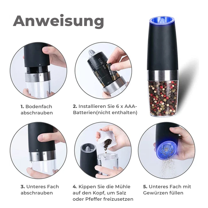 Electric Salt and Pepper Grinder with Gravity Sensor | Ceramic Burrs, Adjustable Coarseness, Blue LED | Black or Silver