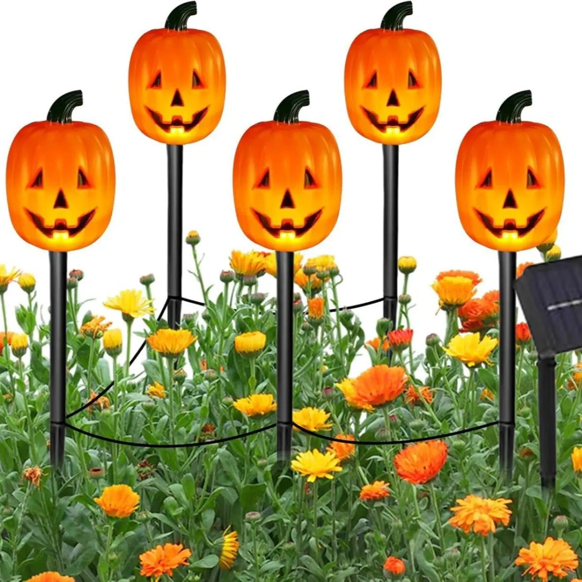 Solar powered Halloween pumpkin and ghost lights lining a garden path