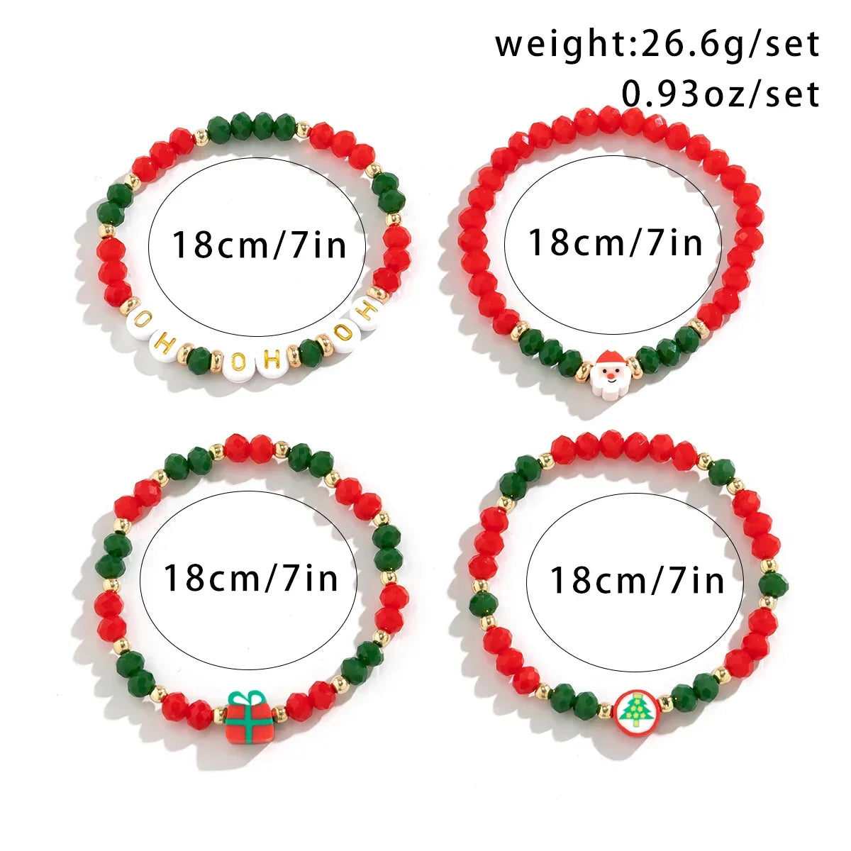 Christmas Bead Bracelet Set of 4 | Stainless Steel and Crystal Festive Jewelry | Stackable Link Chain Cuff Design