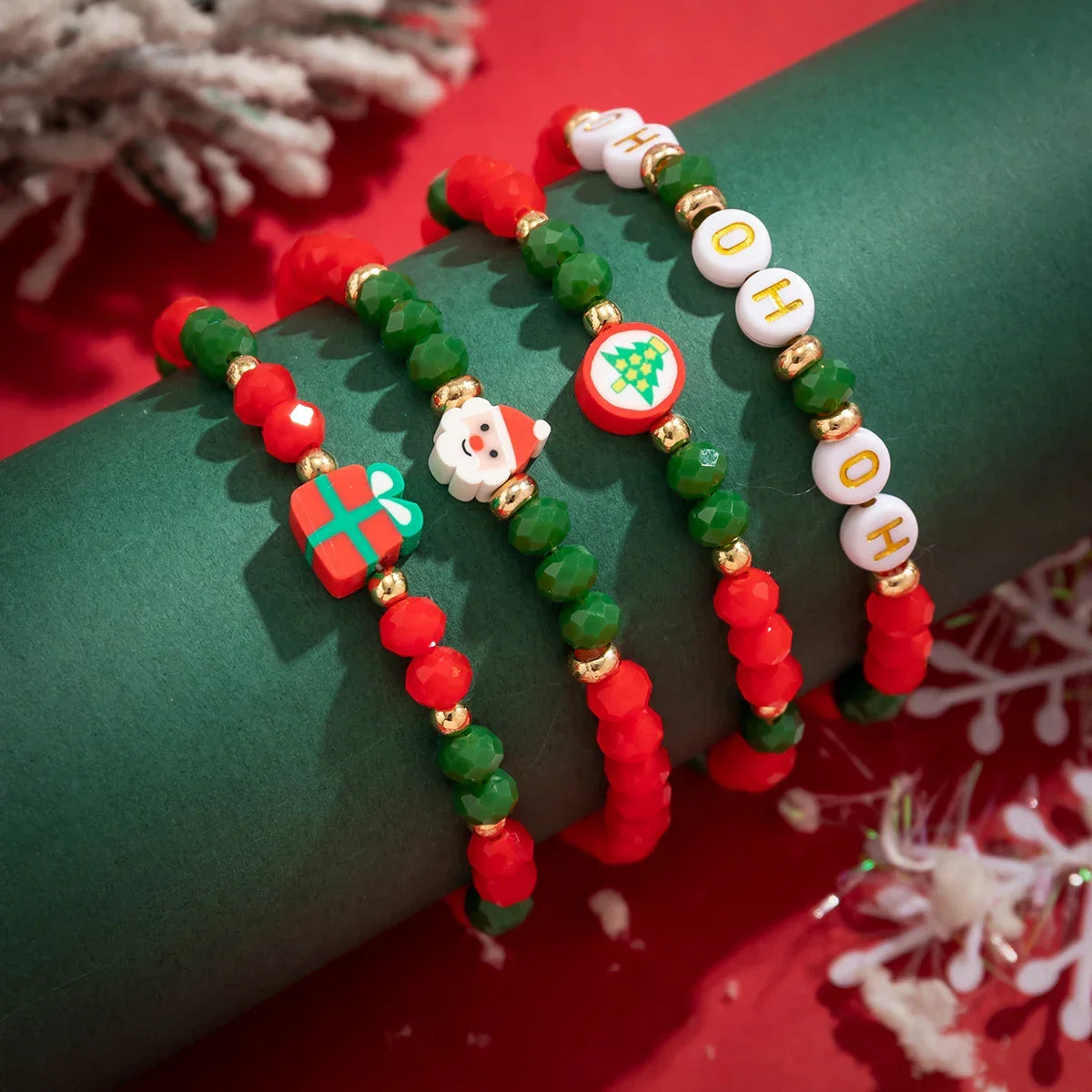 Christmas Bead Bracelet Set of 4 | Stainless Steel and Crystal Festive Jewelry | Stackable Link Chain Cuff Design
