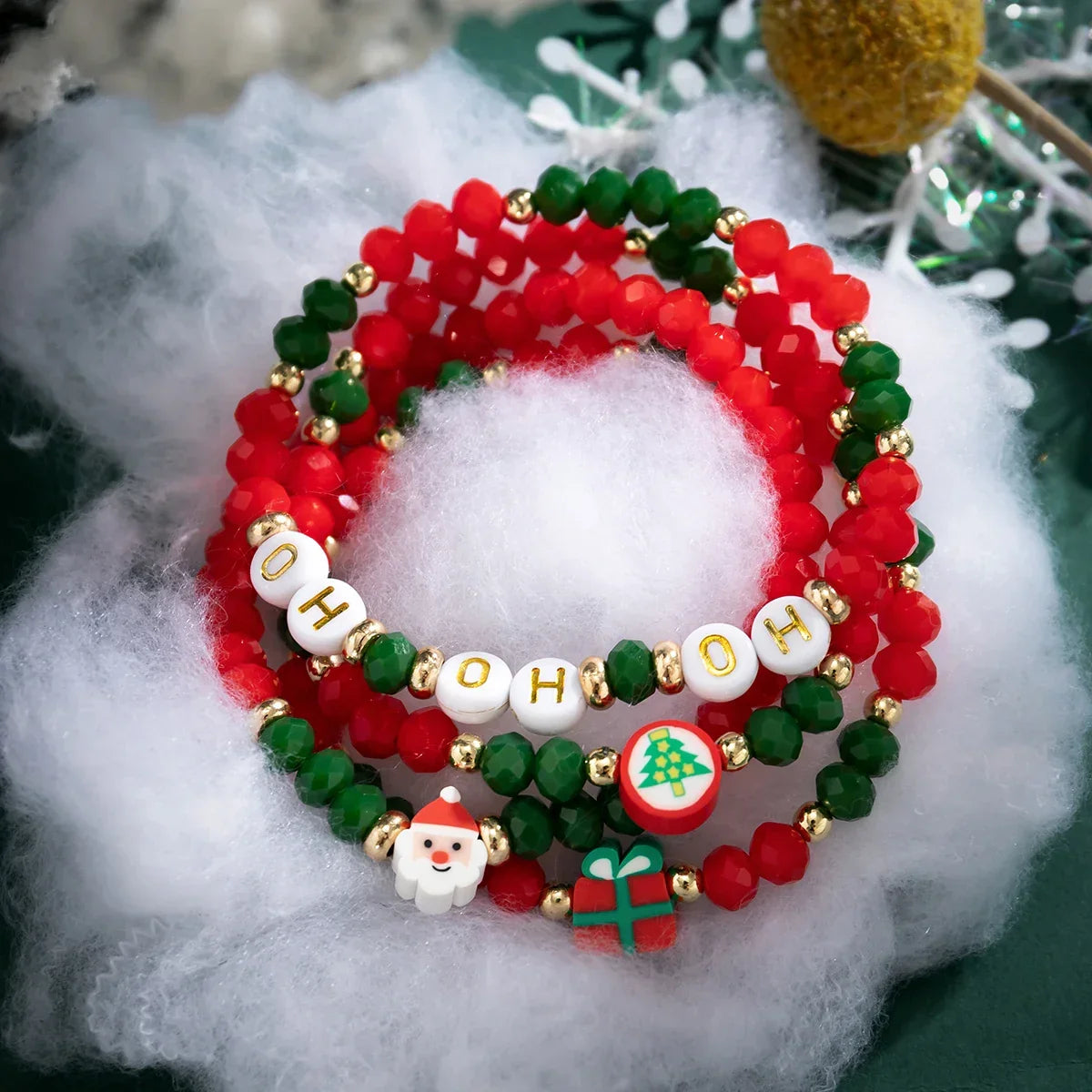 Christmas Bead Bracelet Set of 4 | Stainless Steel and Crystal Festive Jewelry | Stackable Link Chain Cuff Design