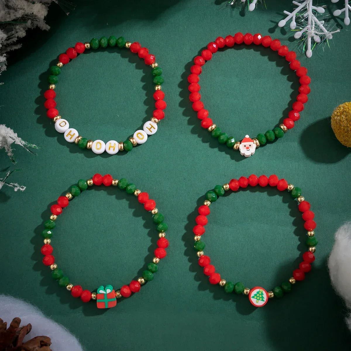 Christmas Bead Bracelet Set of 4 | Stainless Steel and Crystal Festive Jewelry | Stackable Link Chain Cuff Design