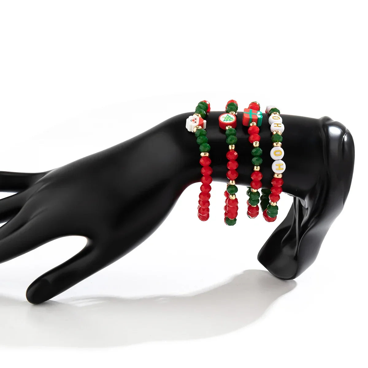 Christmas Bead Bracelet Set of 4 | Stainless Steel and Crystal Festive Jewelry | Stackable Link Chain Cuff Design