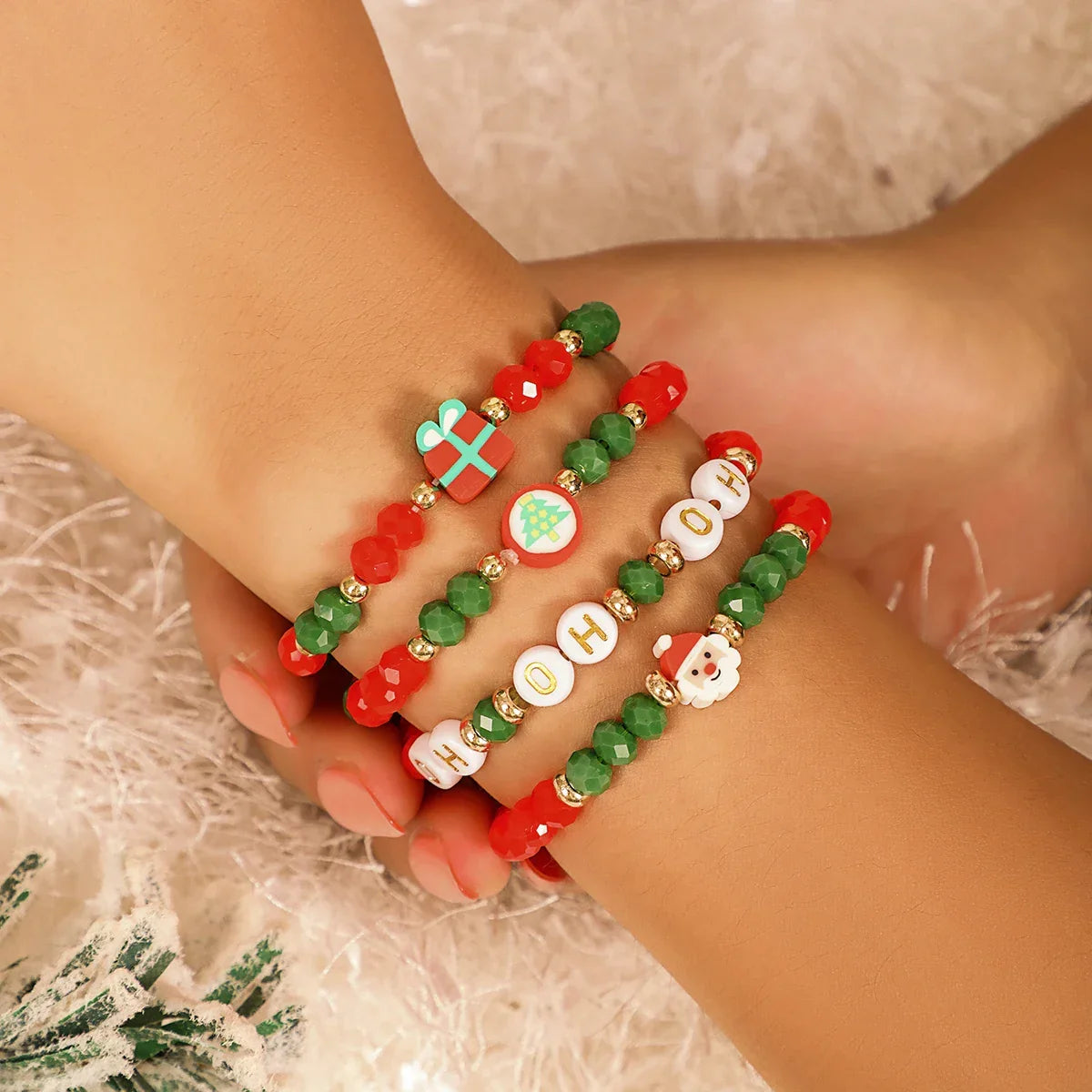 Christmas Bead Bracelet Set of 4 | Stainless Steel and Crystal Festive Jewelry | Stackable Link Chain Cuff Design