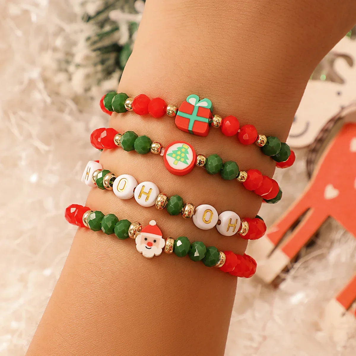 Christmas Bead Bracelet Set of 4 | Stainless Steel and Crystal Festive Jewelry | Stackable Link Chain Cuff Design