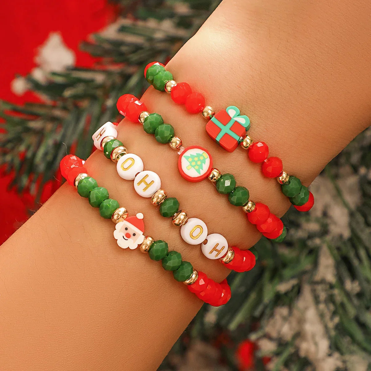Christmas Bead Bracelet Set of 4 | Stainless Steel and Crystal Festive Jewelry | Stackable Link Chain Cuff Design