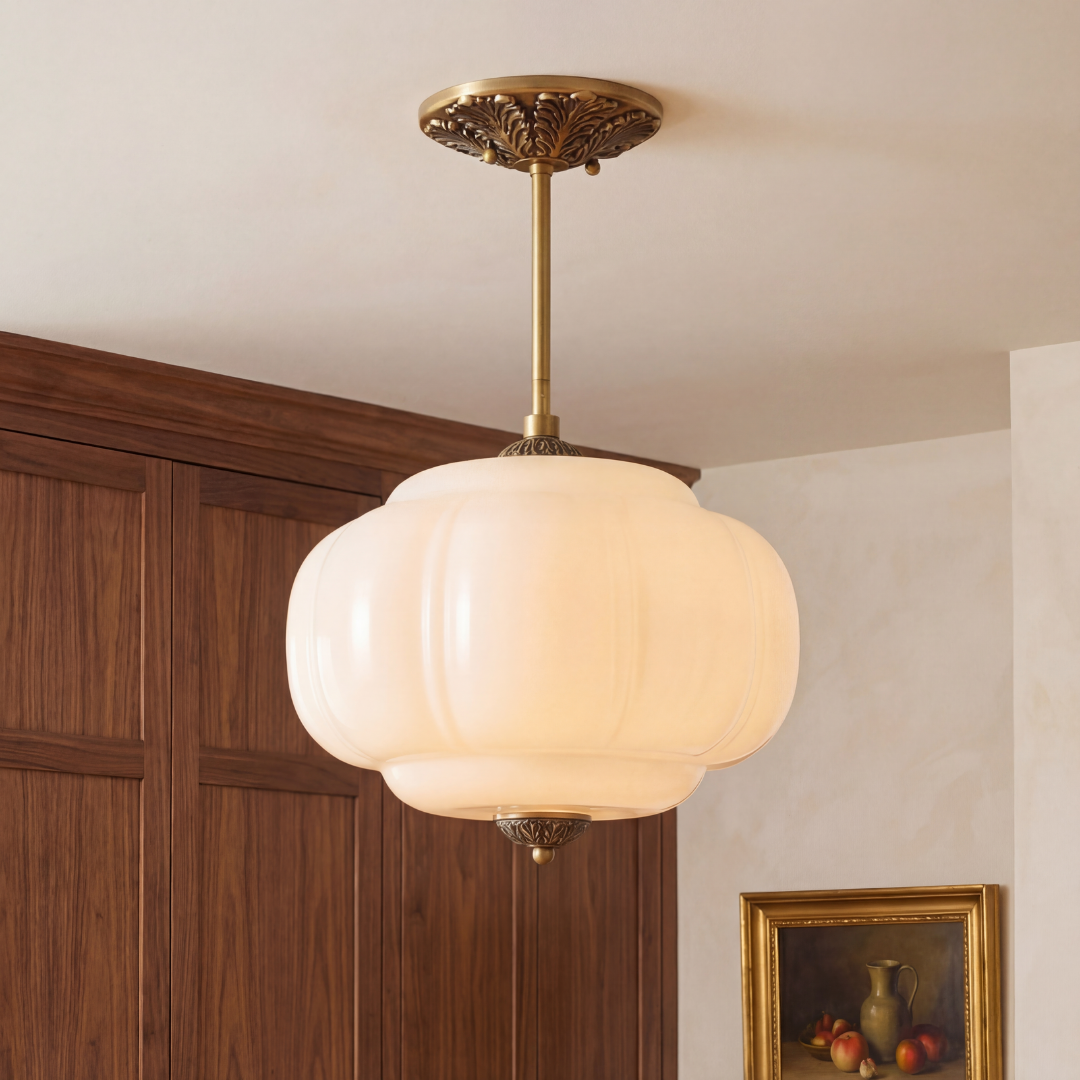 Pumpkin Glass Pendant Light Adjustable Brass