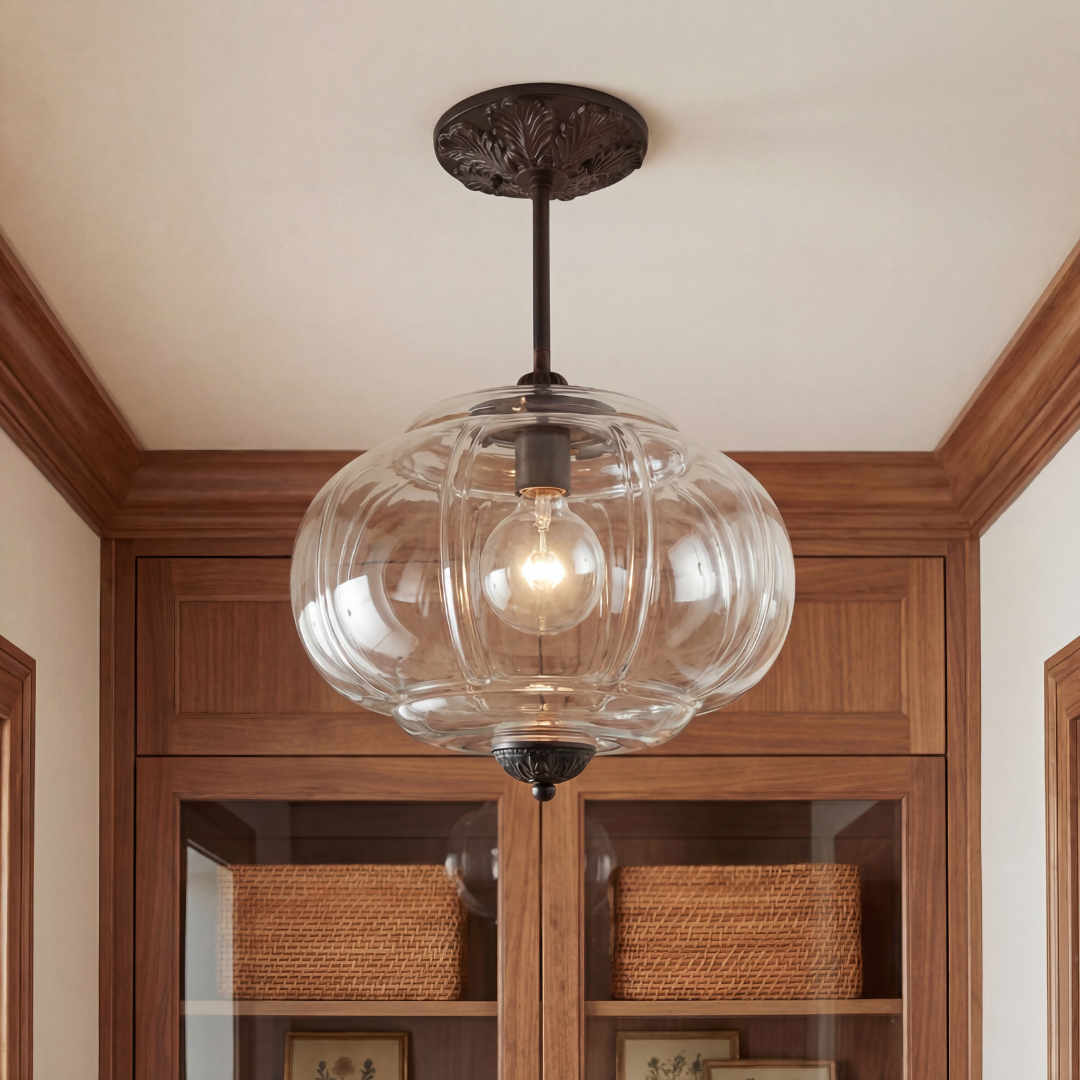 Pumpkin Glass Pendant Light Adjustable Brass
