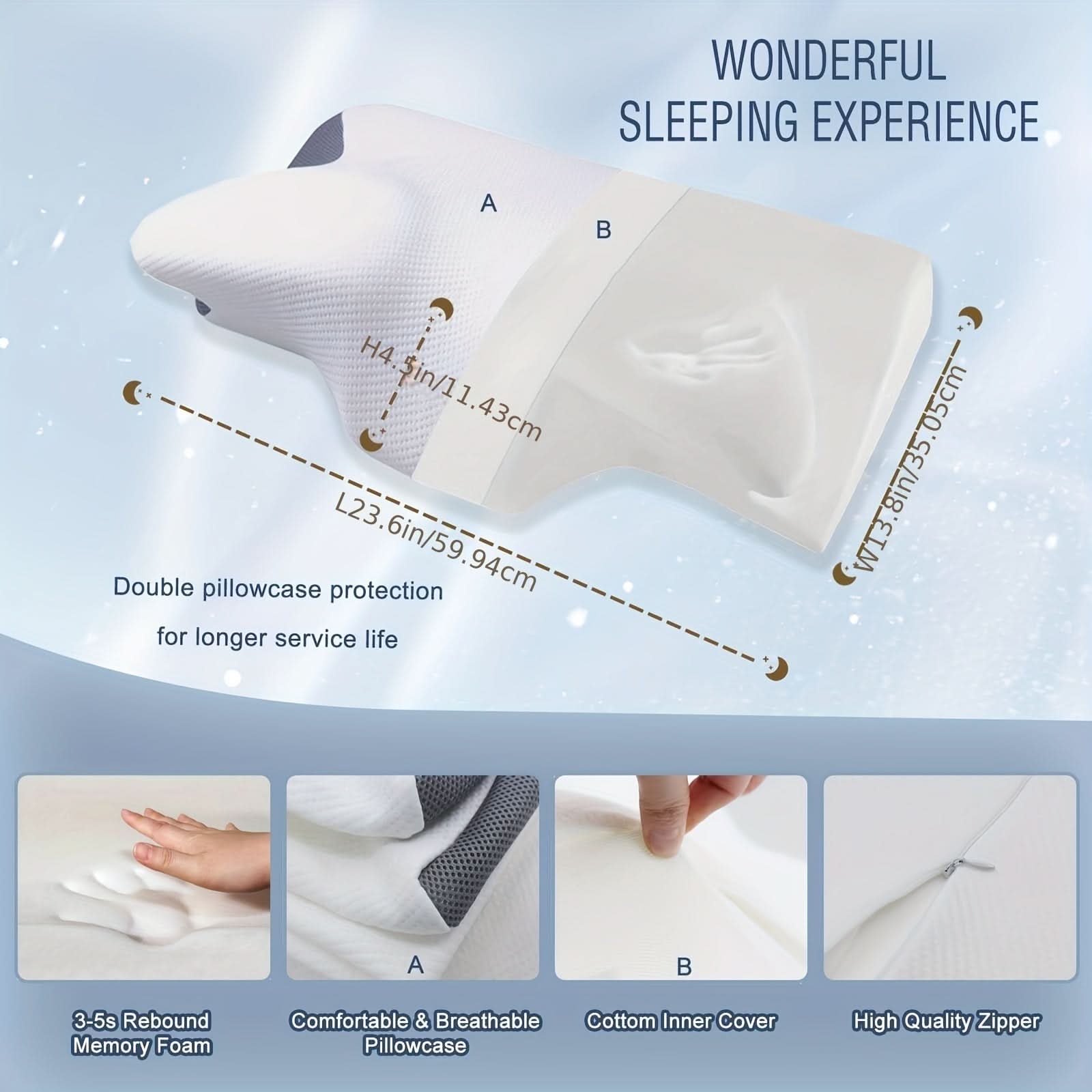 Memory Foam Cervical Neck Pillow | Ergonomic Support | Breathable Washable Cover for Side, Back & Stomach Sleepers