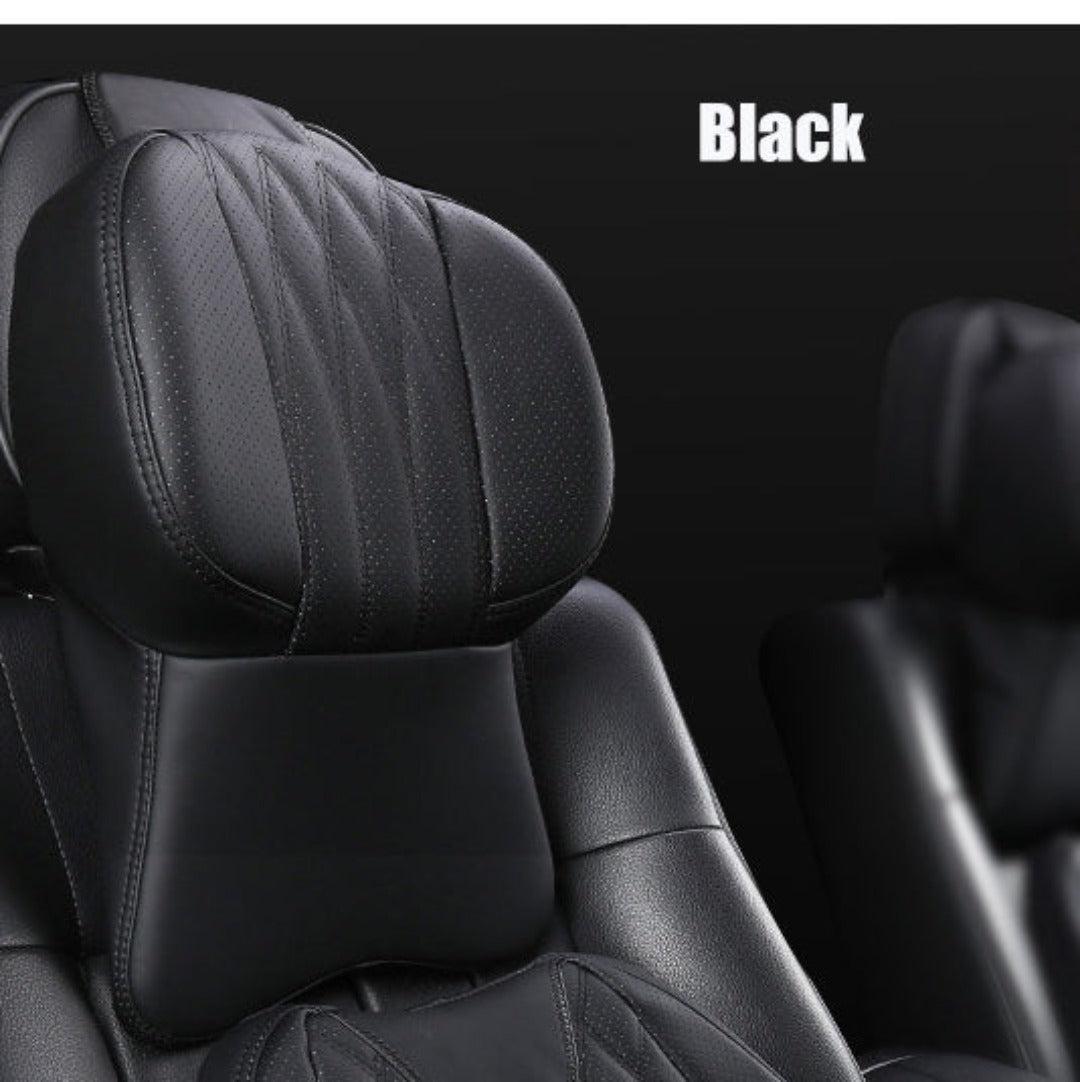 Car Neck Pillow with a Memory Foam Core | Quilted Leather Cover That Straps onto Any Headrest | Extra Support on Long Drives