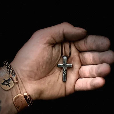 Handmade Cross Pendant Necklace on an Adjustable Leather Cord | Curved Lower Arm and Hand Finished Detail | One of a Kind Piece