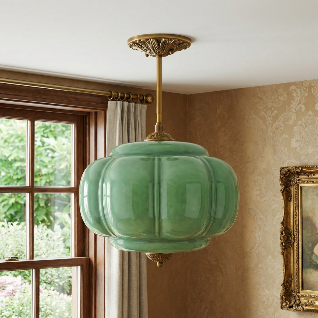 Pumpkin Glass Pendant Light Adjustable Brass