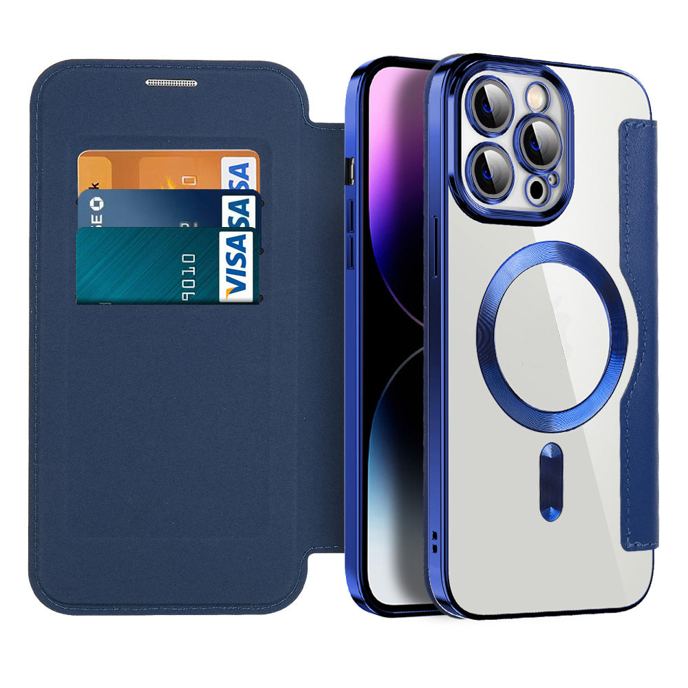 Magnetic Flip iPhone Cases with Card Slot and RFID Shielding | Clear Shockproof Back, Fits 15 Pro Max to 12
