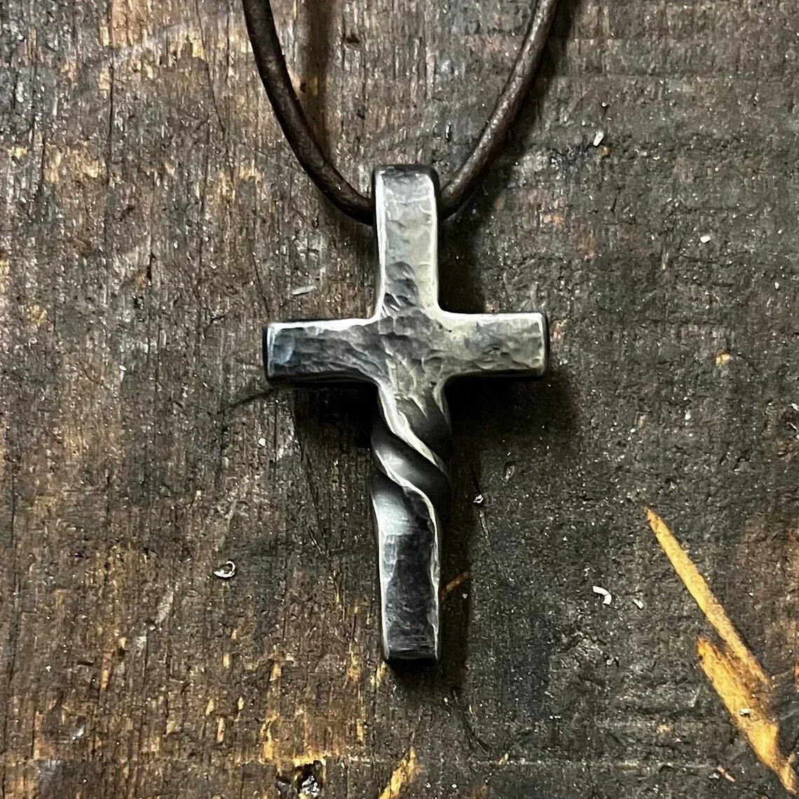 Handmade Cross Pendant Necklace on an Adjustable Leather Cord | Curved Lower Arm and Hand Finished Detail | One of a Kind Piece