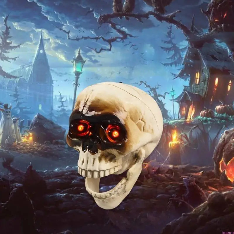 Skeleton head decoration with moving jaw hung on a door
