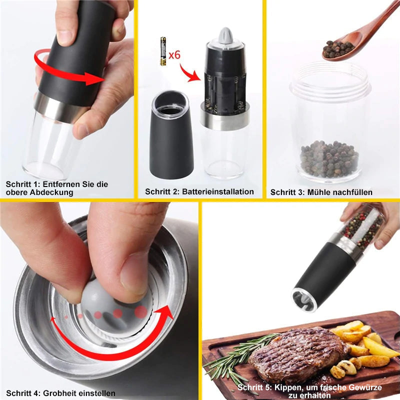 Electric Salt and Pepper Grinder with Gravity Sensor | Ceramic Burrs, Adjustable Coarseness, Blue LED | Black or Silver
