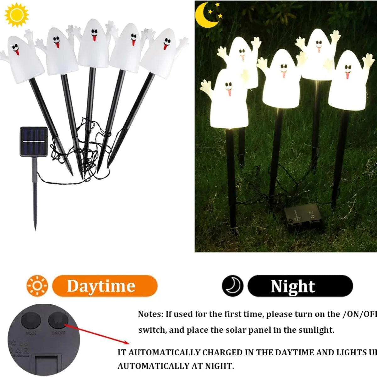 Halloween solar light set glowing in a yard at night