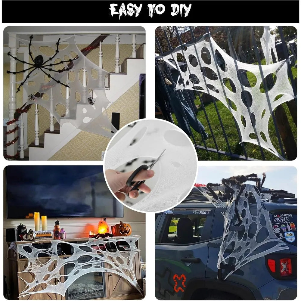 Close view of the gauze texture on the Halloween spider web decoration