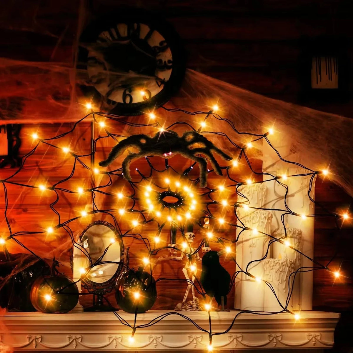 Close view of the light up Halloween cobweb and bendable spider legs